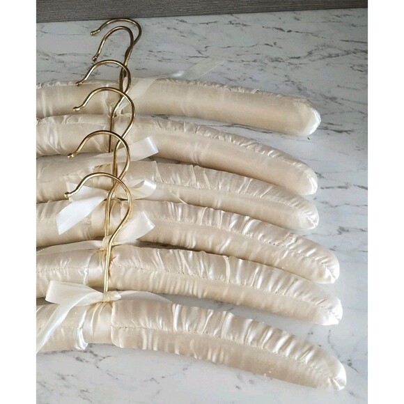 Set of 6 Ivory Satin Padded Clothes Hangers Lingerie Gold Chrome Hangers 15.5" - Picture 4 of 4